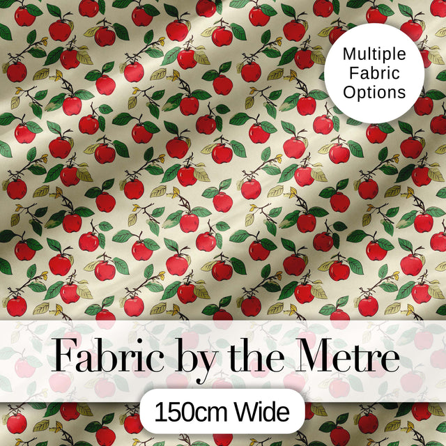 Vintage Red Apples on Branches with Leaves Seamless Pattern Digital Print Fabric by the Metre UK Sewing Quilting Textile