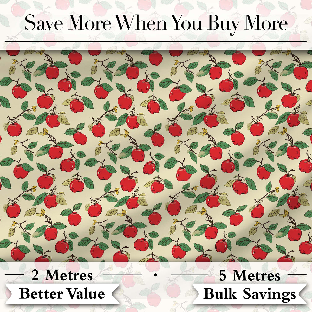 Vintage Red Apples on Branches with Leaves Seamless Pattern Digital Print Fabric by the Metre UK Sewing Quilting Textile