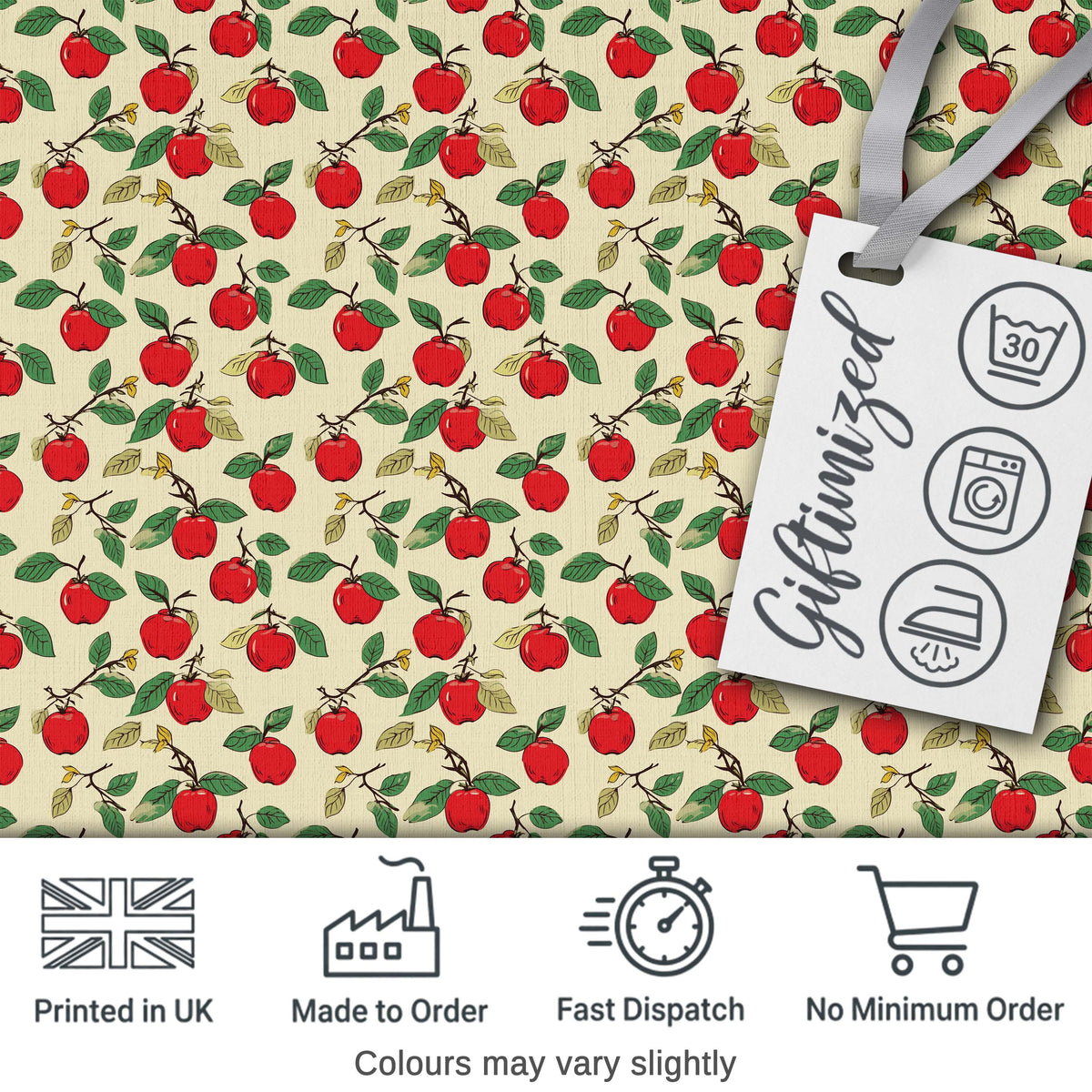 Vintage Red Apples on Branches with Leaves Seamless Pattern Digital Print Fabric by the Metre UK Sewing Quilting Textile