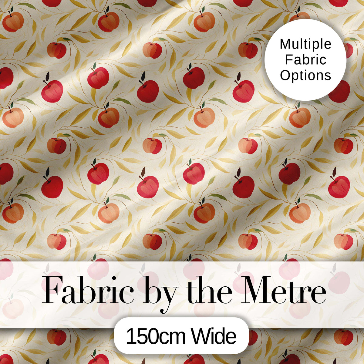 Stylized Apples with Flowing Leaves on Cream Background Seamless Pattern Digital Print Fabric by the Metre UK Sewing Quilting Textile