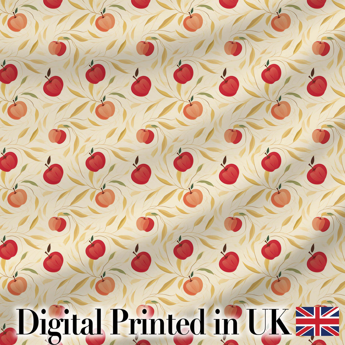 Stylized Apples with Flowing Leaves on Cream Background Seamless Pattern Digital Print Fabric by the Metre UK Sewing Quilting Textile