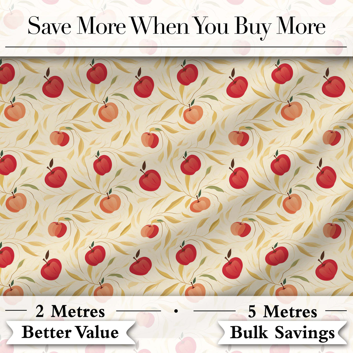 Stylized Apples with Flowing Leaves on Cream Background Seamless Pattern Digital Print Fabric by the Metre UK Sewing Quilting Textile