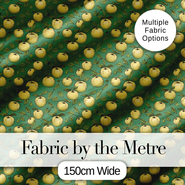 Vintage Yellow Apples with Leaves on Green Background Seamless Pattern Digital Print Fabric by the Metre UK Sewing Quilting Textile