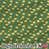 Vintage Yellow Apples with Leaves on Green Background Seamless Pattern Digital Print Fabric by the Metre UK Sewing Quilting Textile