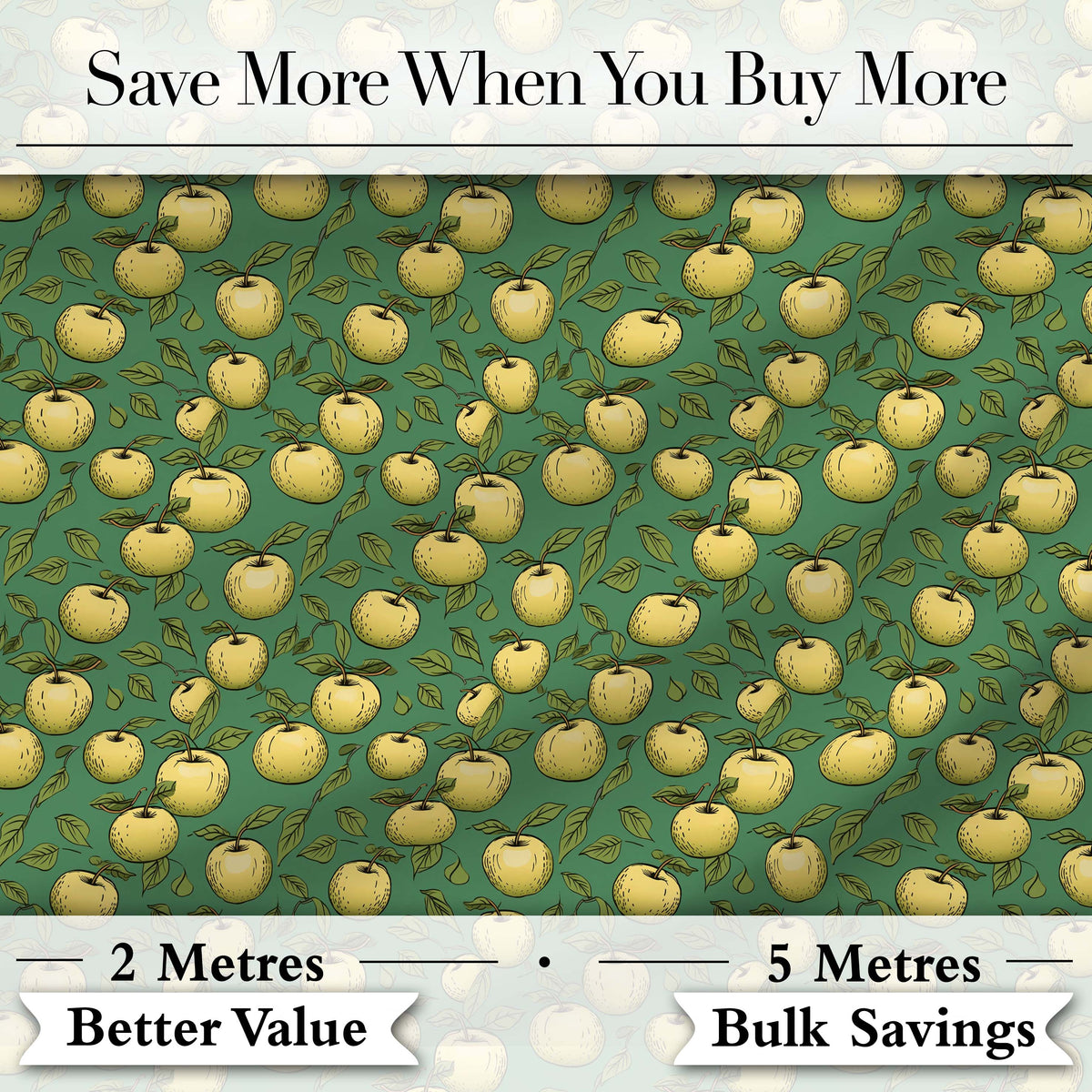 Vintage Yellow Apples with Leaves on Green Background Seamless Pattern Digital Print Fabric by the Metre UK Sewing Quilting Textile