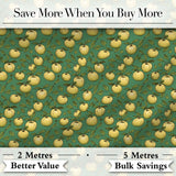 Vintage Yellow Apples with Leaves on Green Background Seamless Pattern Digital Print Fabric by the Metre UK Sewing Quilting Textile