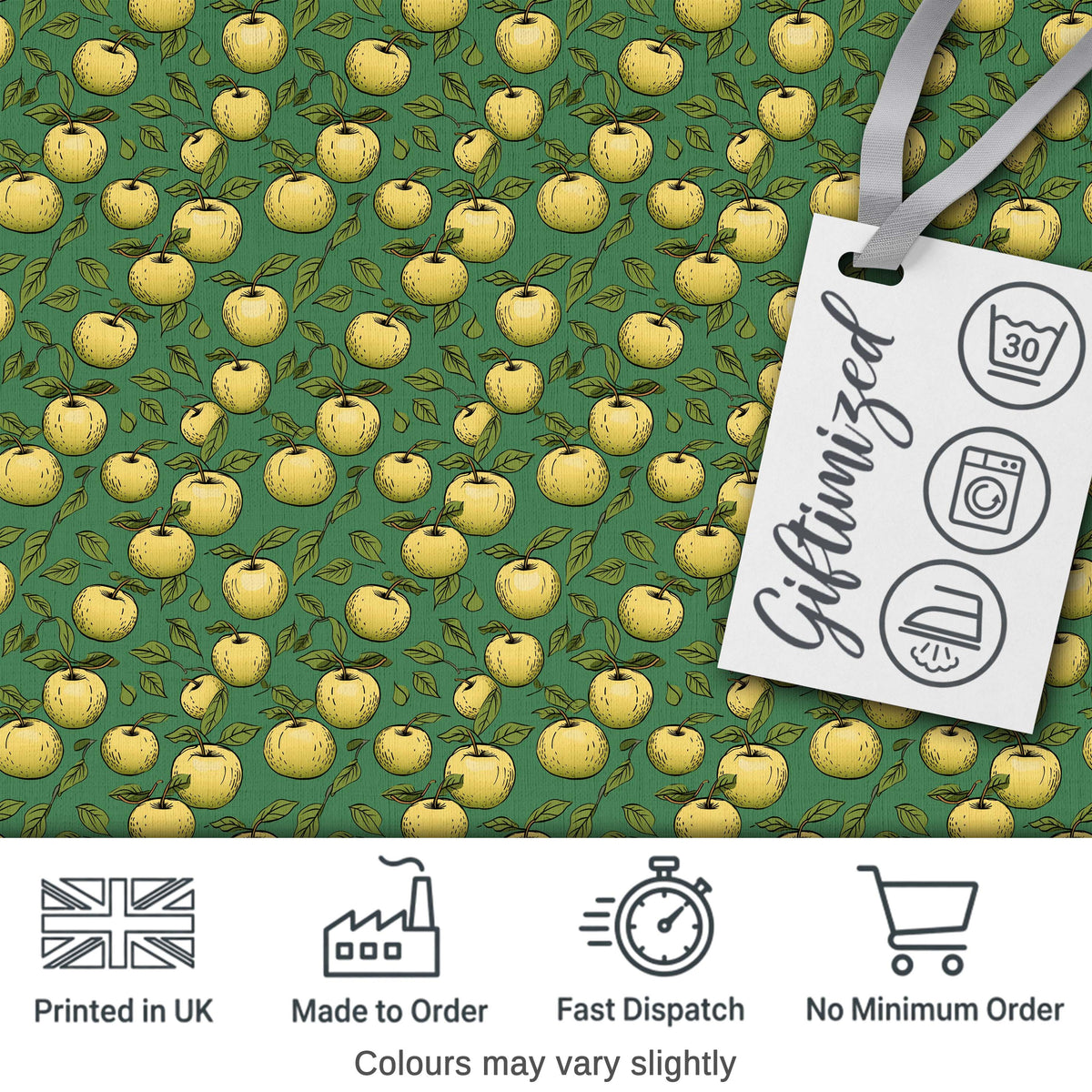 Vintage Yellow Apples with Leaves on Green Background Seamless Pattern Digital Print Fabric by the Metre UK Sewing Quilting Textile