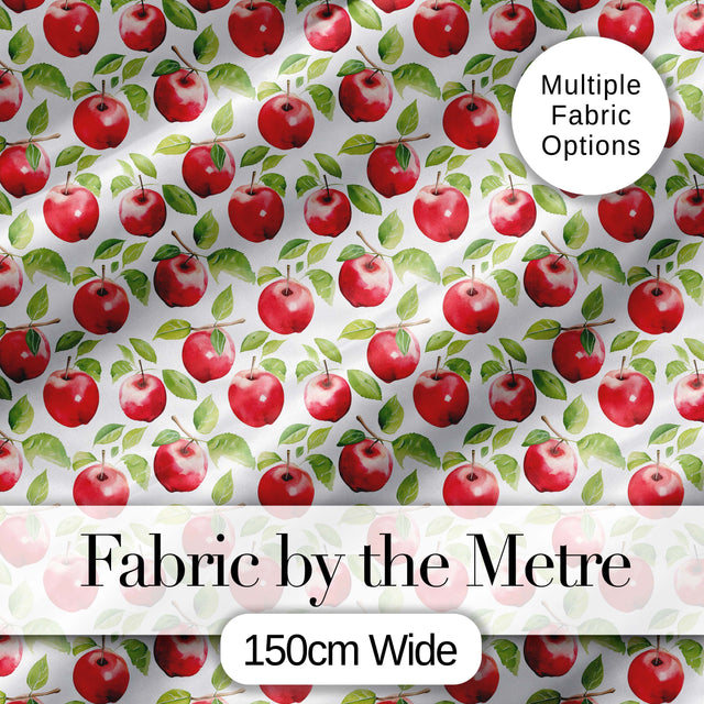 Watercolor Red Apples with Green Leaves Seamless Pattern Digital Print Fabric by the Metre UK Sewing Quilting Textile
