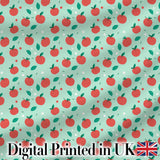 Modern Red Apples with Leaves on Mint Background Seamless Pattern Digital Print Fabric by the Metre UK Sewing Quilting Textile