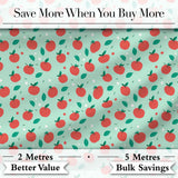 Modern Red Apples with Leaves on Mint Background Seamless Pattern Digital Print Fabric by the Metre UK Sewing Quilting Textile