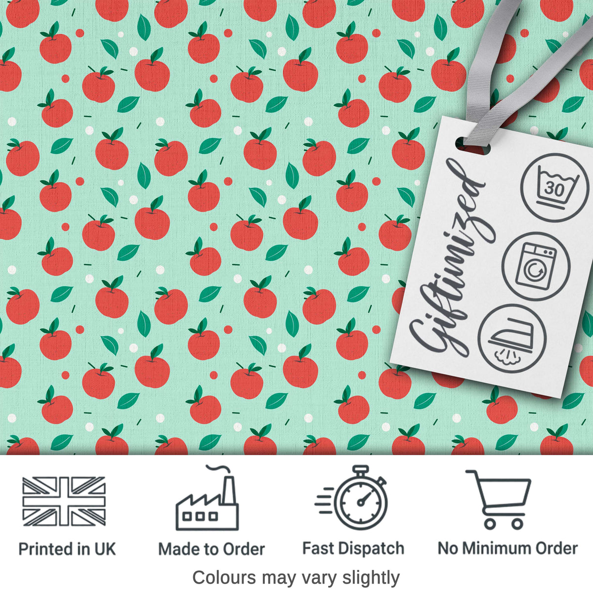 Modern Red Apples with Leaves on Mint Background Seamless Pattern Digital Print Fabric by the Metre UK Sewing Quilting Textile