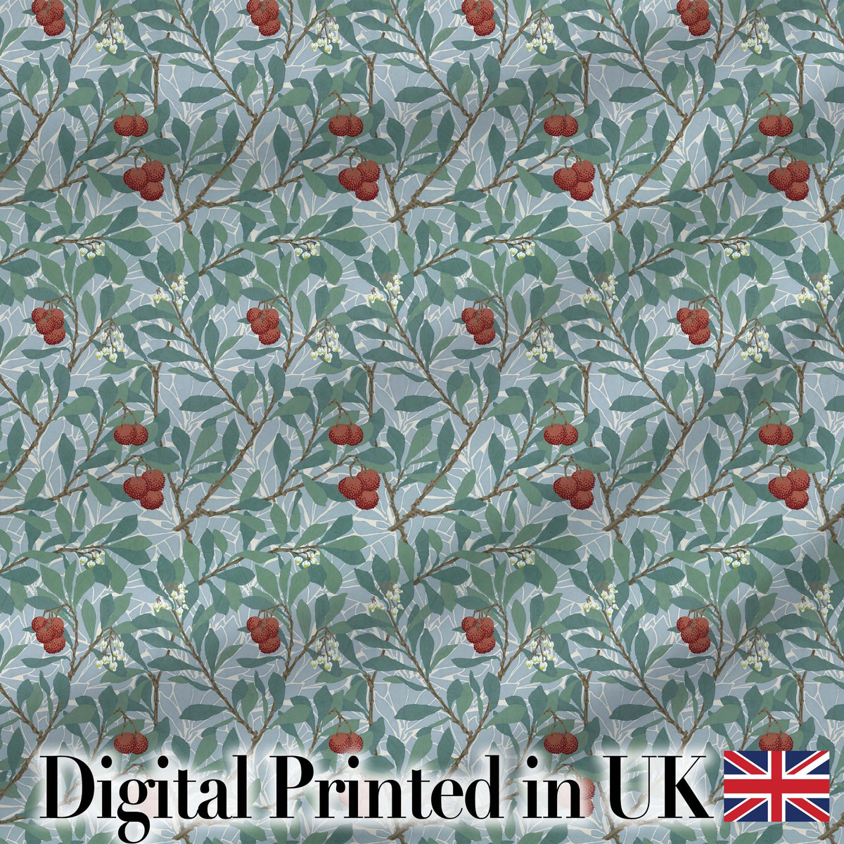 Botanical Branches with Red Berries and Leaves Seamless Pattern Digital Print Fabric by the Metre UK Sewing Quilting Textile