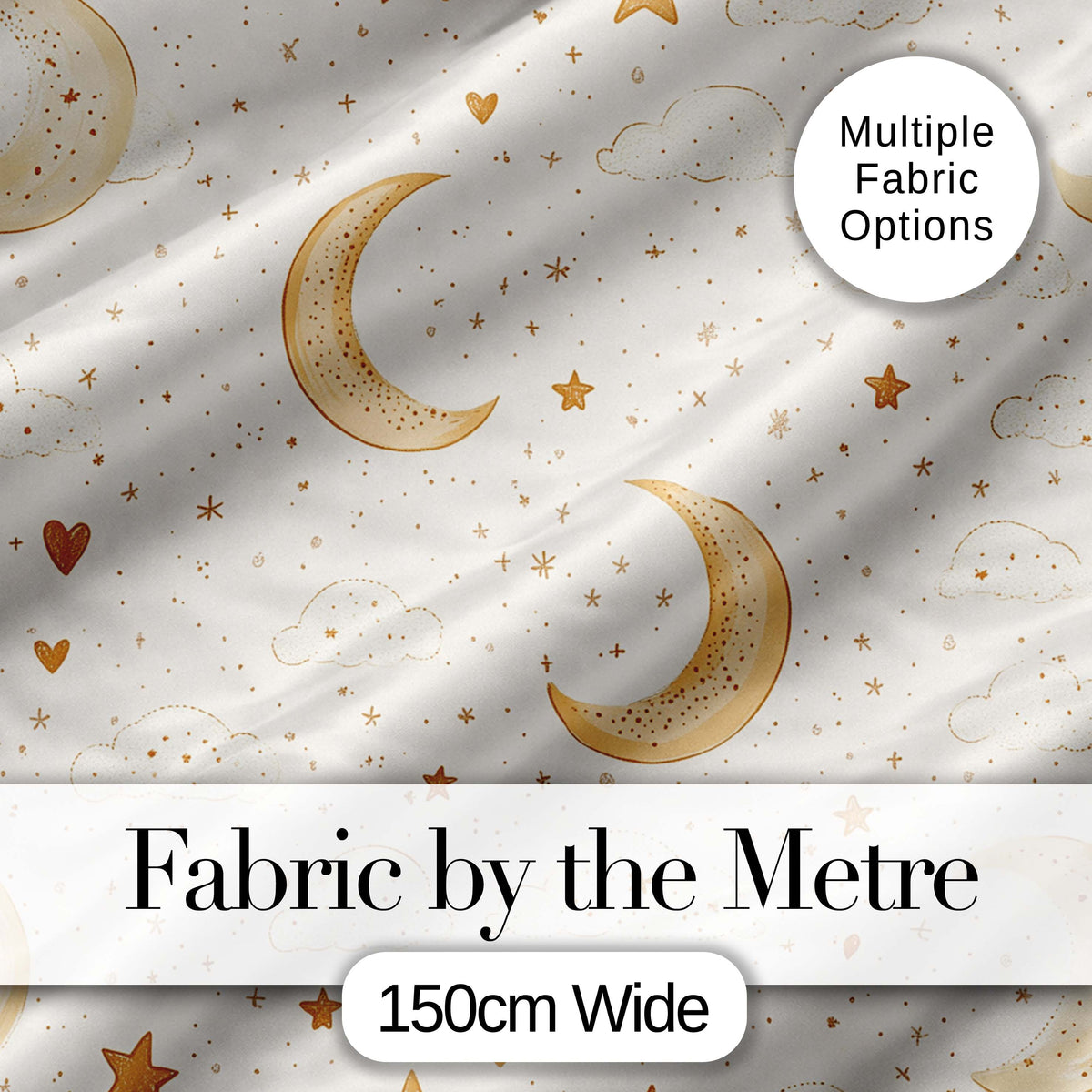 Cute Crescent Moon Stars and Clouds Neutral Seamless Pattern Digital Print Fabric by the Metre UK Sewing Quilting Textile