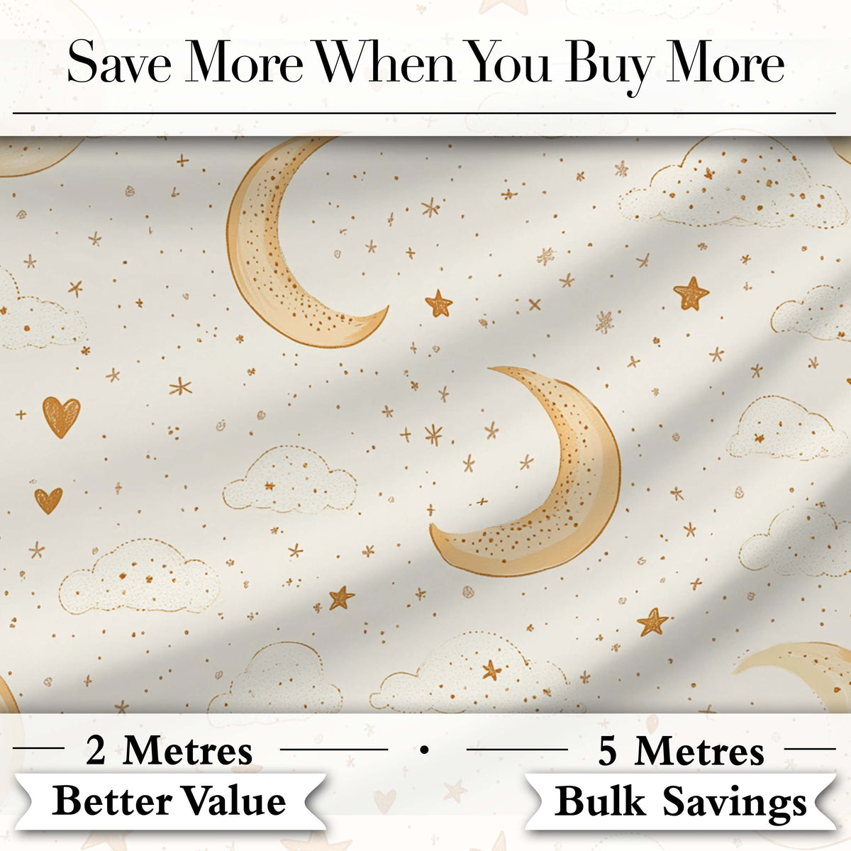 Cute Crescent Moon Stars and Clouds Neutral Seamless Pattern Digital Print Fabric by the Metre UK Sewing Quilting Textile