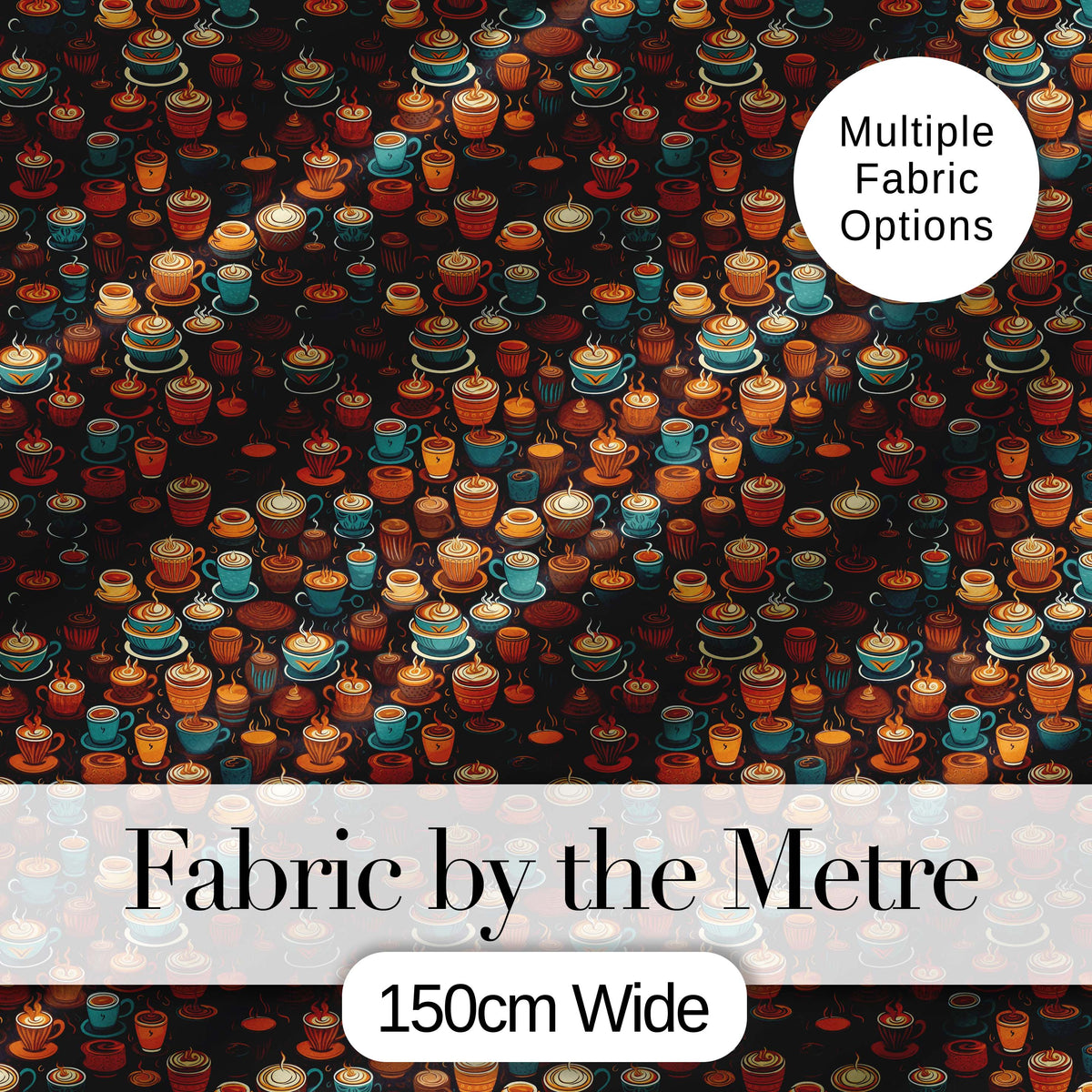 Colorful Coffee Cups and Mugs Pattern on Dark Background Seamless Pattern Digital Print Fabric by the Metre UK Sewing Quilting Textile