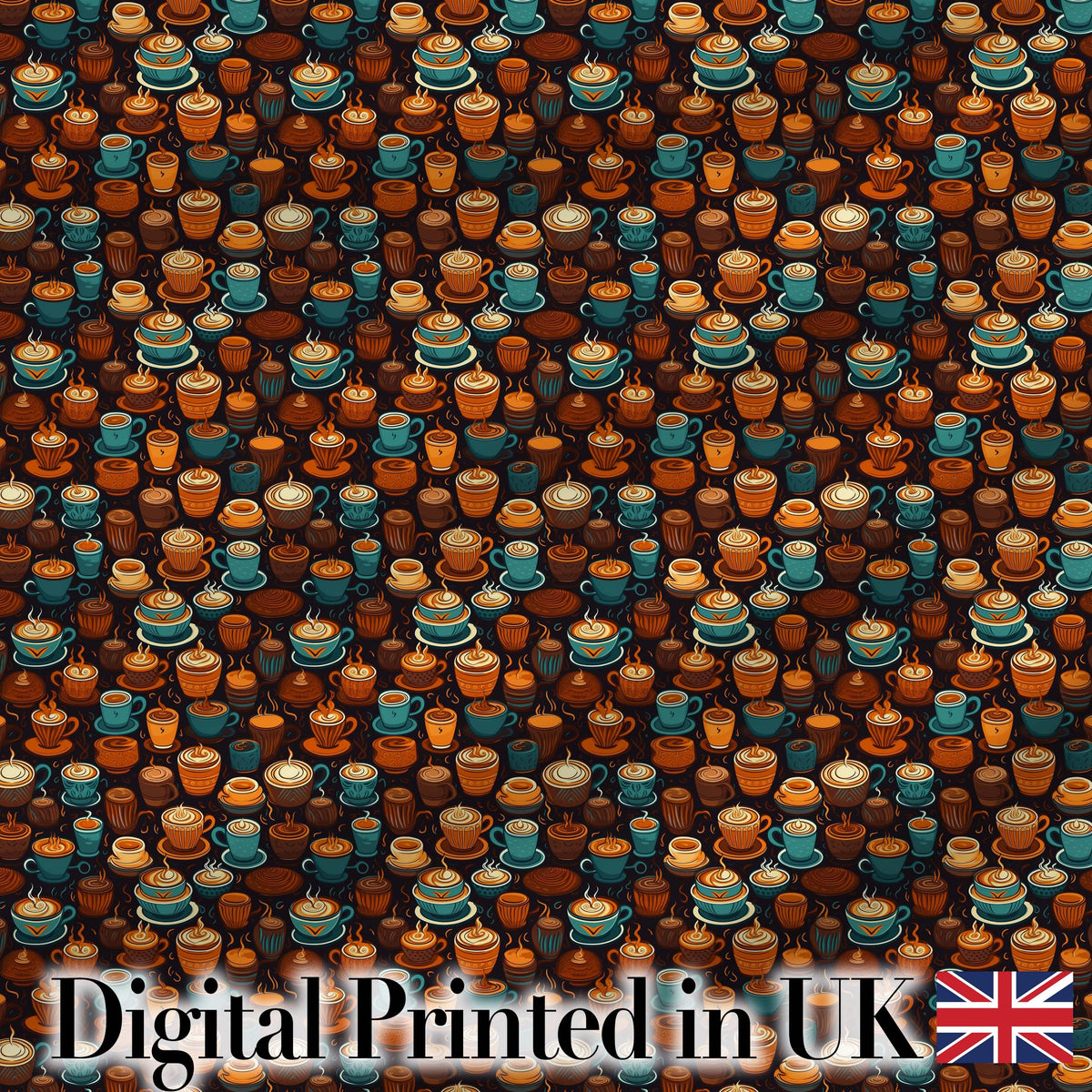 Colorful Coffee Cups and Mugs Pattern on Dark Background Seamless Pattern Digital Print Fabric by the Metre UK Sewing Quilting Textile