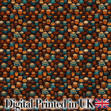 Colorful Coffee Cups and Mugs Pattern on Dark Background Seamless Pattern Digital Print Fabric by the Metre UK Sewing Quilting Textile