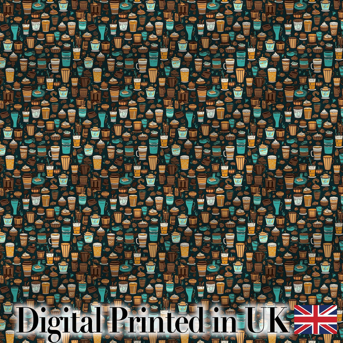 Coffee Shop Drinks Desserts and Cups Detailed Seamless Pattern Digital Print Fabric by the Metre UK Sewing Quilting Textile