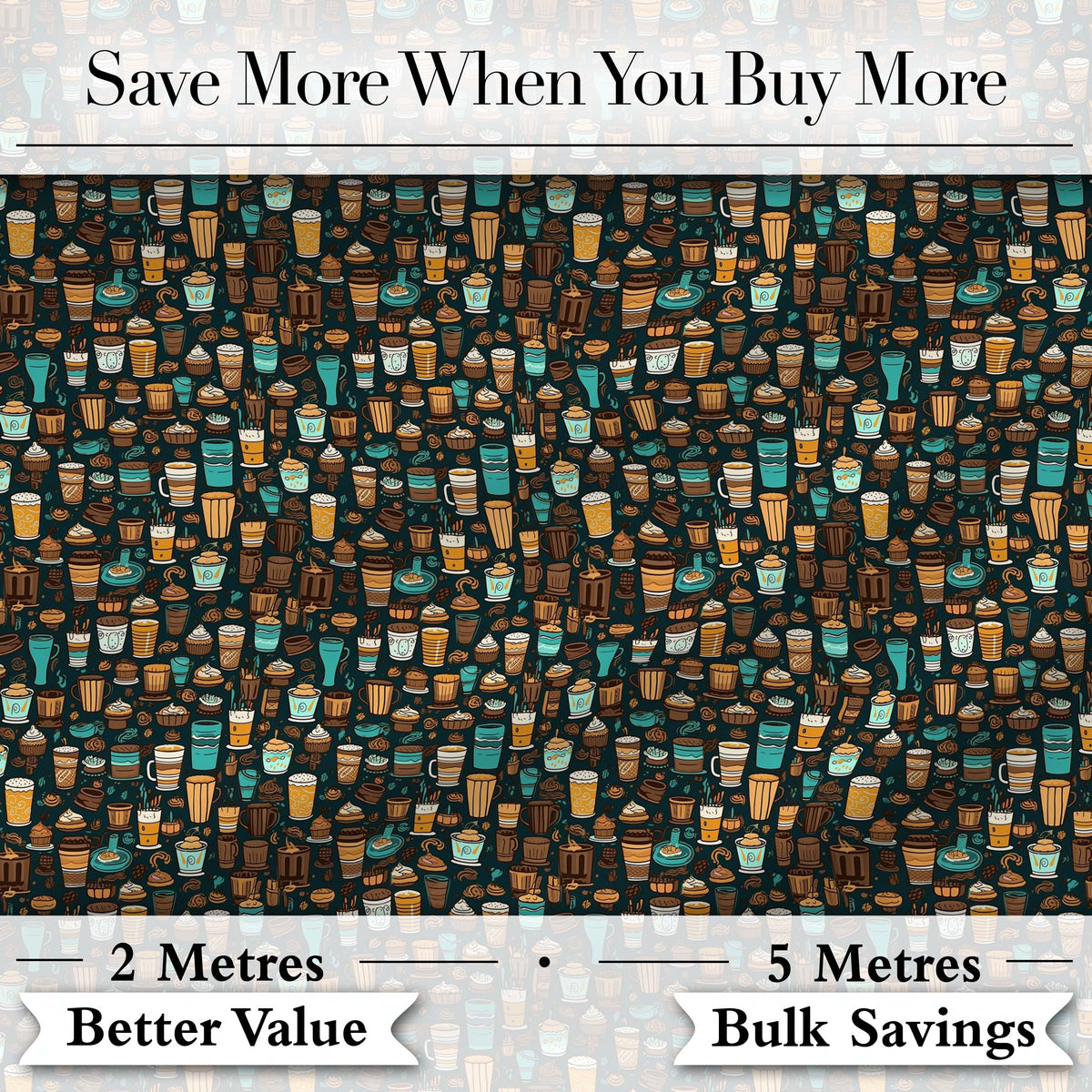 Coffee Shop Drinks Desserts and Cups Detailed Seamless Pattern Digital Print Fabric by the Metre UK Sewing Quilting Textile