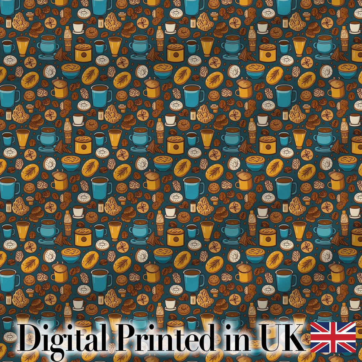 Coffee Beans Cups and Pastries Illustrated Seamless Pattern Digital Print Fabric by the Metre UK Sewing Quilting Textile