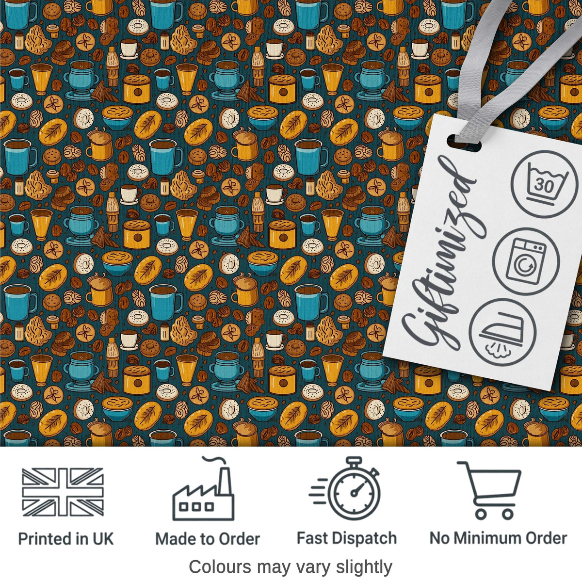 Coffee Beans Cups and Pastries Illustrated Seamless Pattern Digital Print Fabric by the Metre UK Sewing Quilting Textile