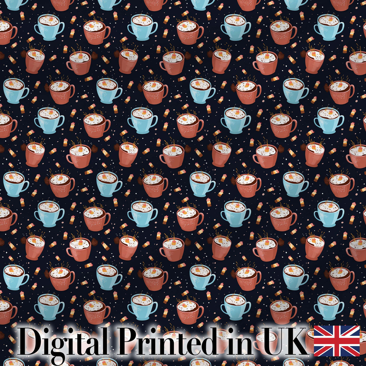 Hot Chocolate Mugs with Marshmallows and Sprinkles Seamless Pattern Digital Print Fabric by the Metre UK Sewing Quilting Textile