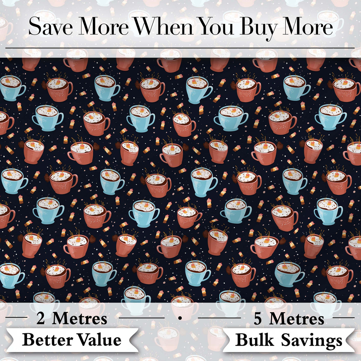 Hot Chocolate Mugs with Marshmallows and Sprinkles Seamless Pattern Digital Print Fabric by the Metre UK Sewing Quilting Textile