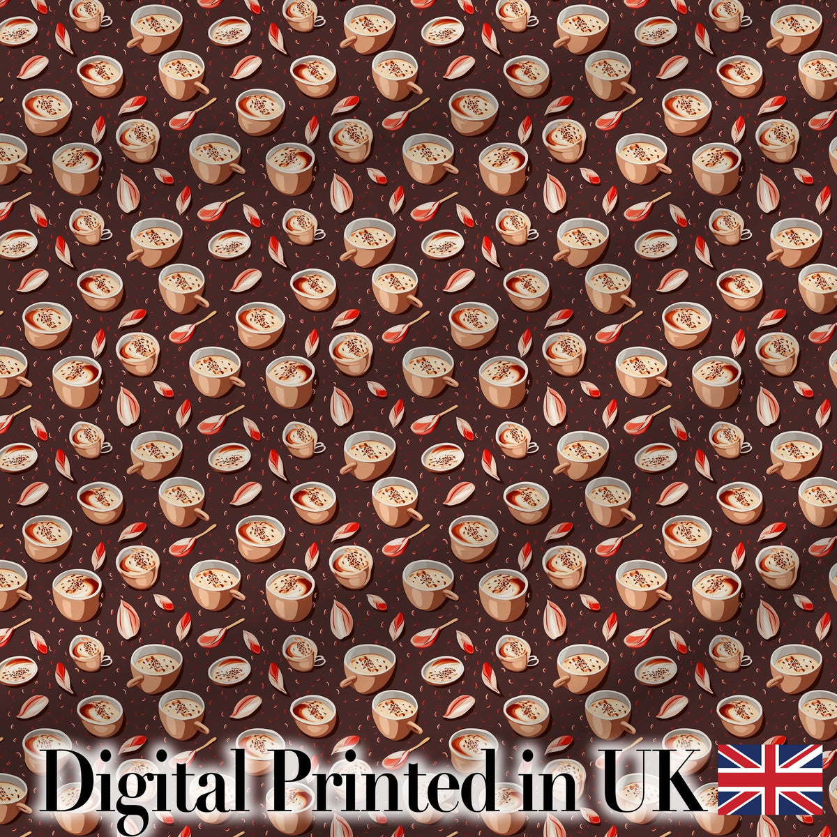 Warm Coffee Cups with Cinnamon and Leaves Seamless Pattern Digital Print Fabric by the Metre UK Sewing Quilting Textile