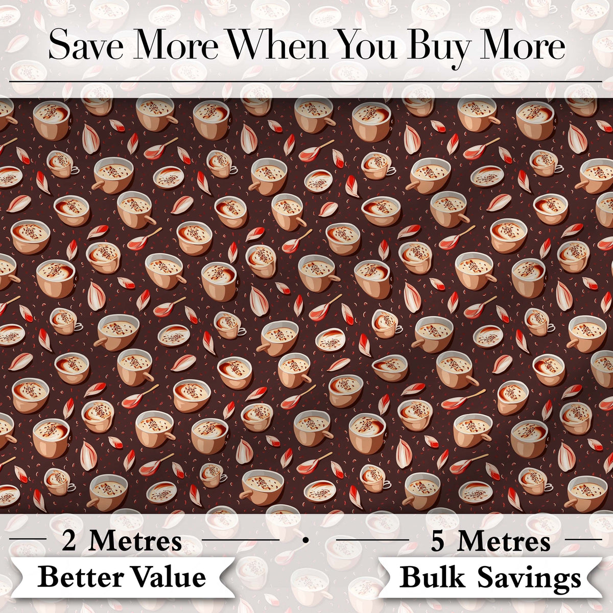 Warm Coffee Cups with Cinnamon and Leaves Seamless Pattern Digital Print Fabric by the Metre UK Sewing Quilting Textile