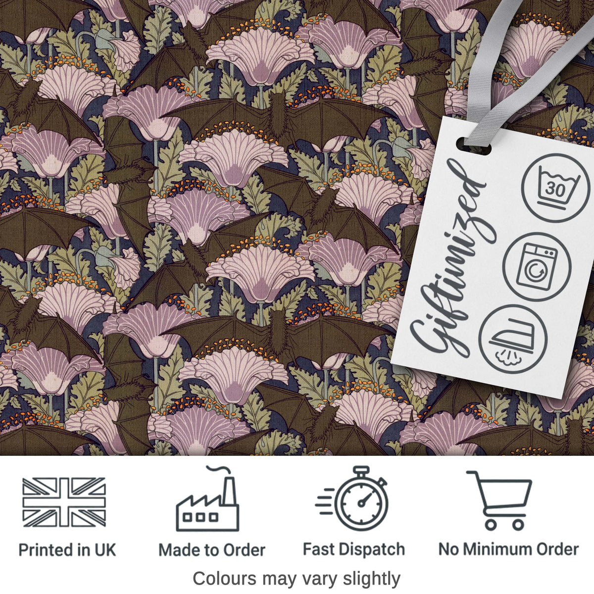 Vintage Bats and Floral Art Nouveau Style Seamless Pattern Digital Print Fabric by the Metre UK Sewing Quilting Textile