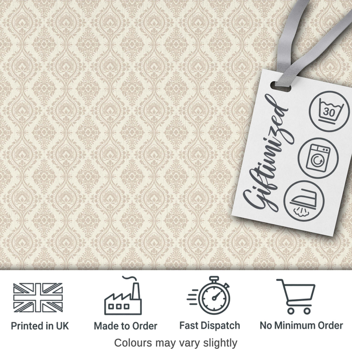 Classic Ornamental Teardrop Damask Beige Seamless Pattern Digital Print Fabric by the Metre UK Sewing Quilting Textile