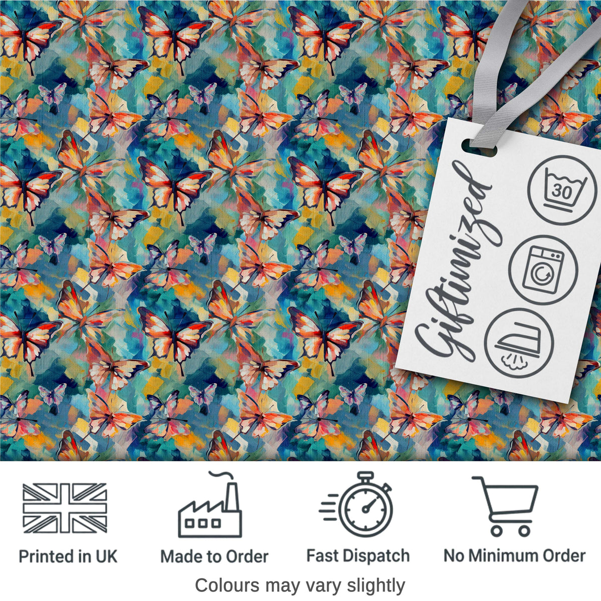Colorful Painted Butterflies Abstract Artistic Seamless Pattern Digital Print Fabric by the Metre UK Sewing Quilting Textile