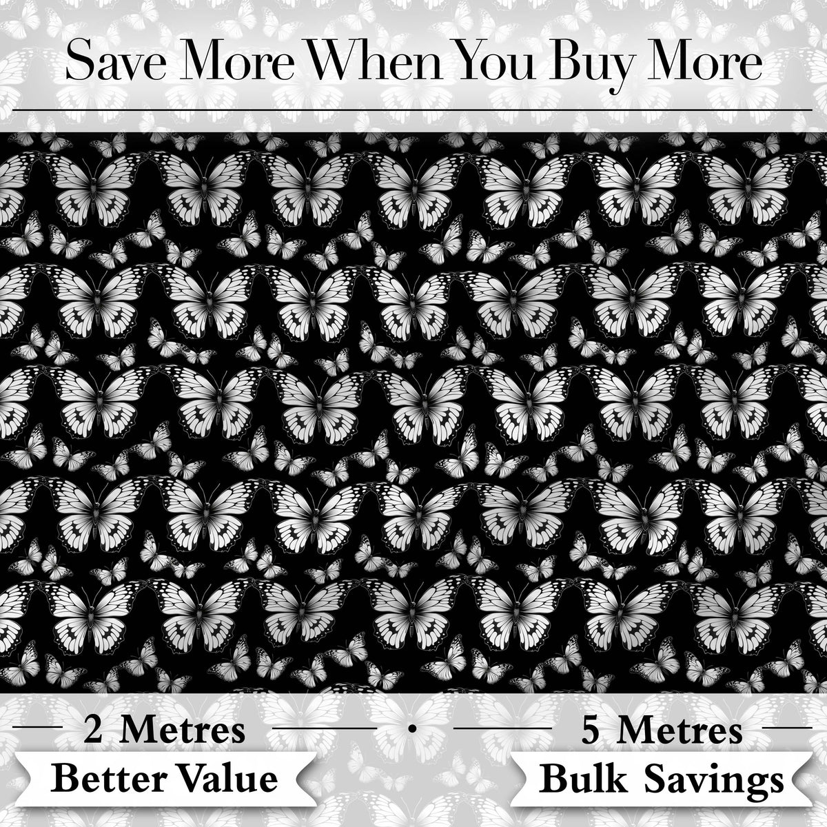 Black and White Butterfly Elegant Repeating Seamless Pattern Digital Print Fabric by the Metre UK Sewing Quilting Textile