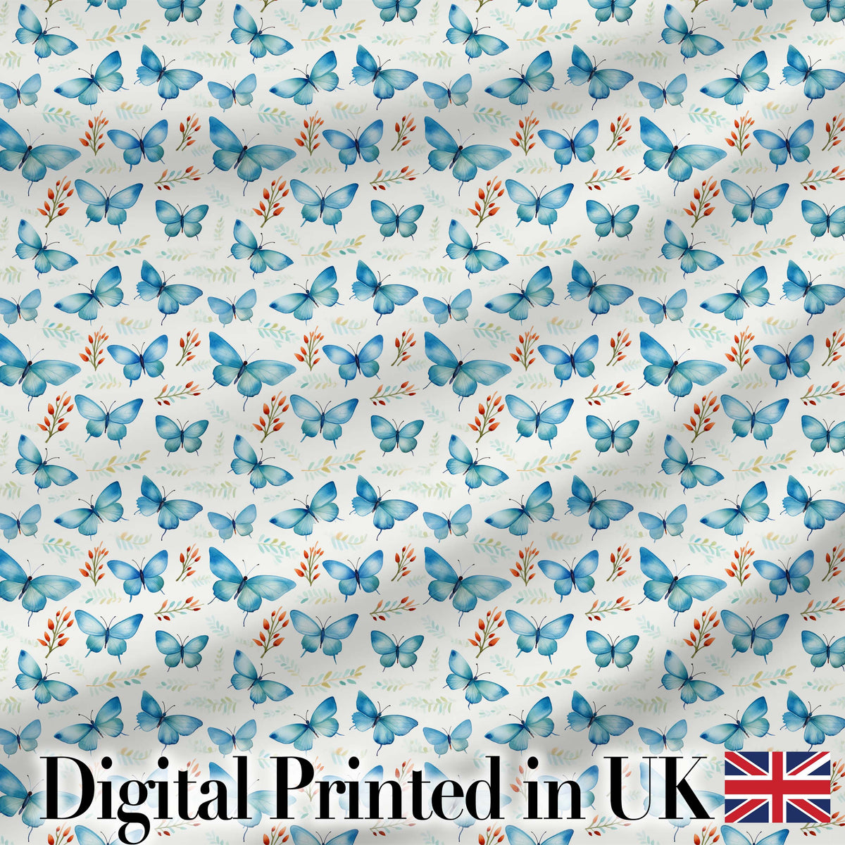 Blue Butterfly Watercolor Floral Delicate Seamless Pattern Digital Print Fabric by the Metre UK Sewing Quilting Textile