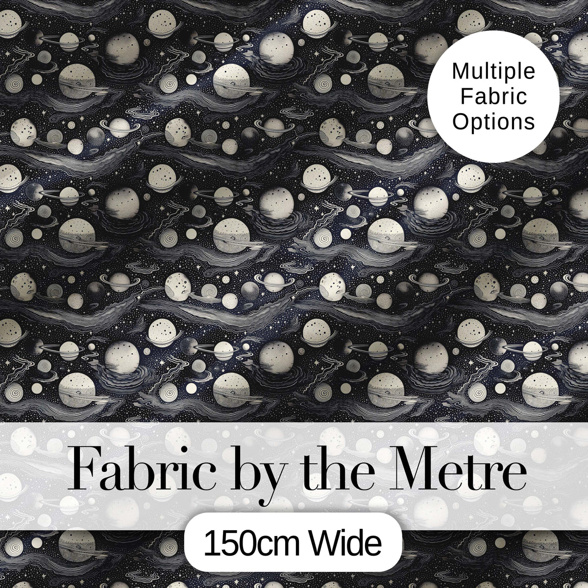 Vintage Space Planets Stars Dark Background Seamless Pattern Digital Print Fabric by the Metre UK Sewing Quilting Textile