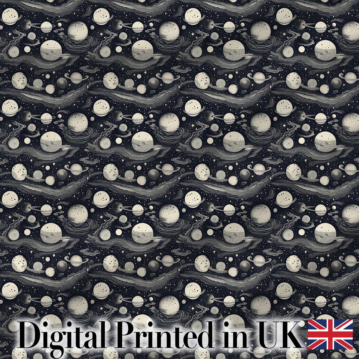 Vintage Space Planets Stars Dark Background Seamless Pattern Digital Print Fabric by the Metre UK Sewing Quilting Textile