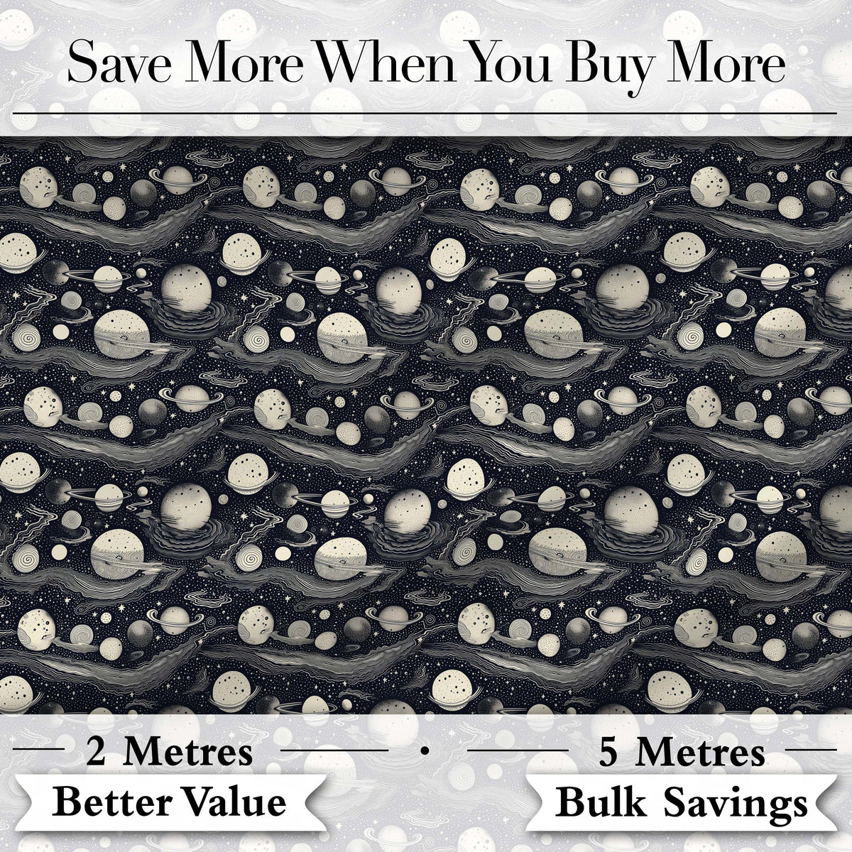 Vintage Space Planets Stars Dark Background Seamless Pattern Digital Print Fabric by the Metre UK Sewing Quilting Textile