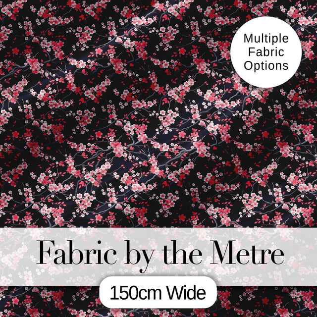 Japanese Sakura Blossom Branches Dark Elegant Seamless Pattern Digital Print Fabric by the Metre UK Sewing Quilting Textile