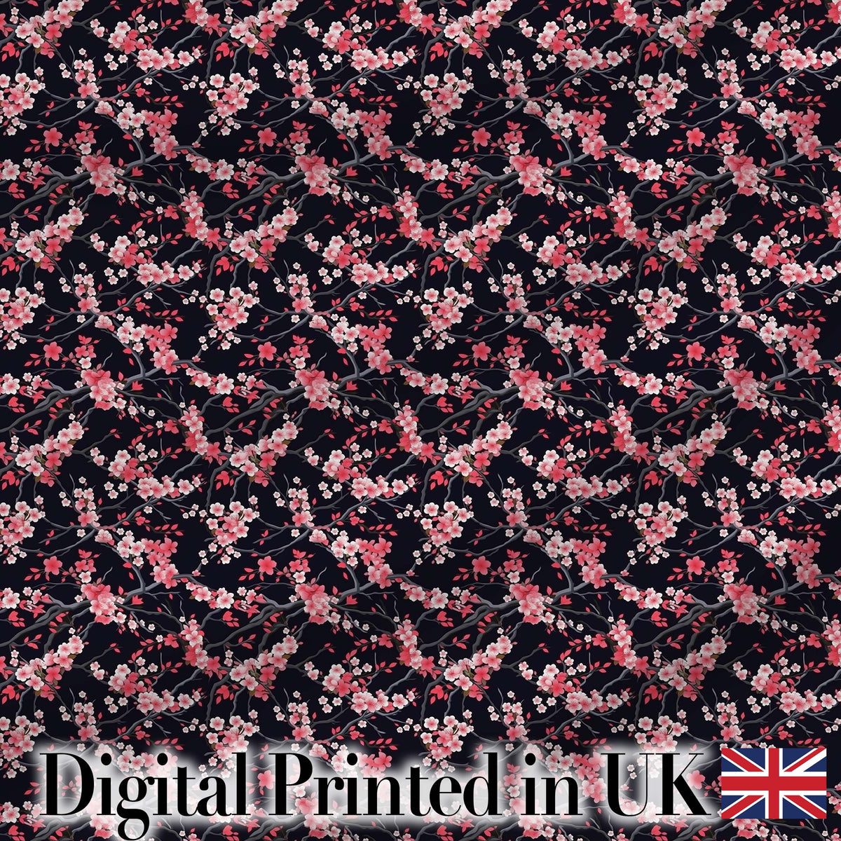 Japanese Sakura Blossom Branches Dark Elegant Seamless Pattern Digital Print Fabric by the Metre UK Sewing Quilting Textile