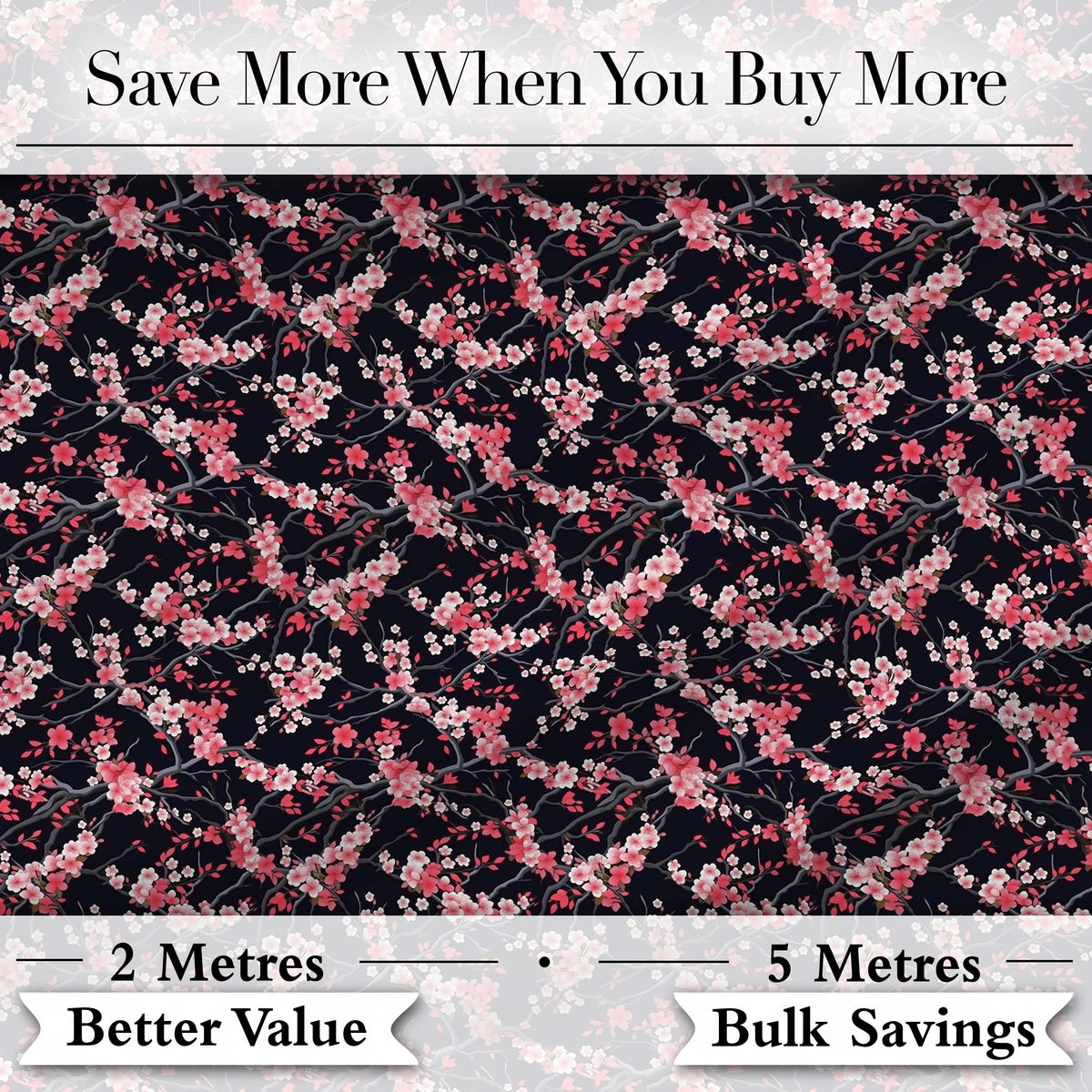 Japanese Sakura Blossom Branches Dark Elegant Seamless Pattern Digital Print Fabric by the Metre UK Sewing Quilting Textile