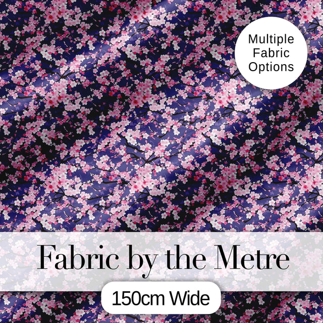 Pink Cherry Blossom Branches Purple Background Seamless Pattern Digital Print Fabric by the Metre UK Sewing Quilting Textile