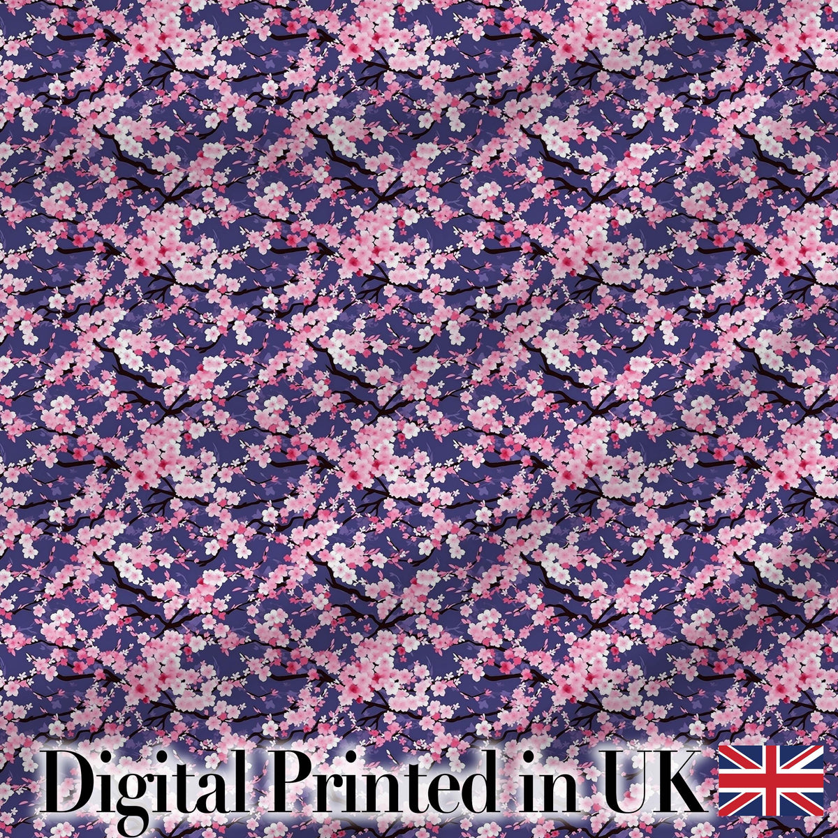 Pink Cherry Blossom Branches Purple Background Seamless Pattern Digital Print Fabric by the Metre UK Sewing Quilting Textile