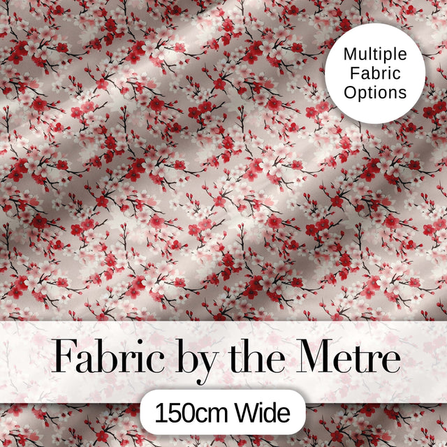 Red and White Cherry Blossom Floral Beige Seamless Pattern Digital Print Fabric by the Metre UK Sewing Quilting Textile