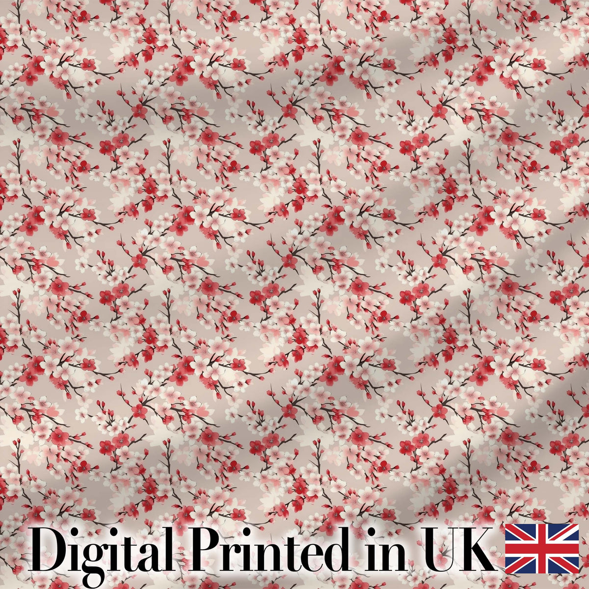 Red and White Cherry Blossom Floral Beige Seamless Pattern Digital Print Fabric by the Metre UK Sewing Quilting Textile