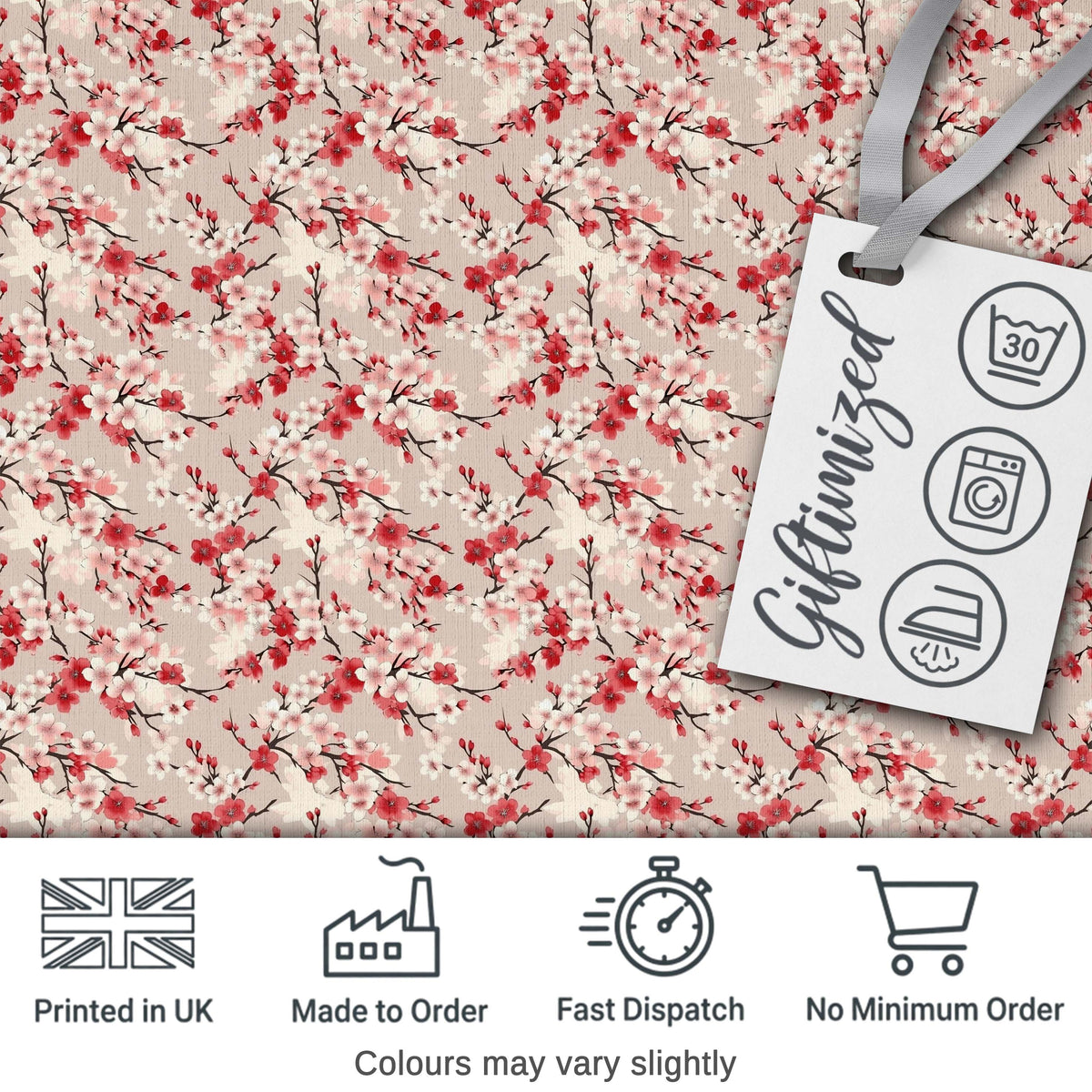 Red and White Cherry Blossom Floral Beige Seamless Pattern Digital Print Fabric by the Metre UK Sewing Quilting Textile
