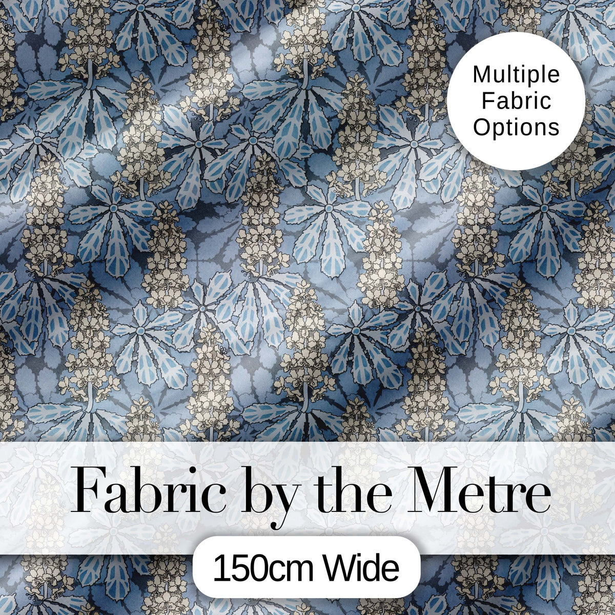 Vintage Botanical Leaf Floral Blue Tone Seamless Pattern Digital Print Fabric by the Metre UK Sewing Quilting Textile