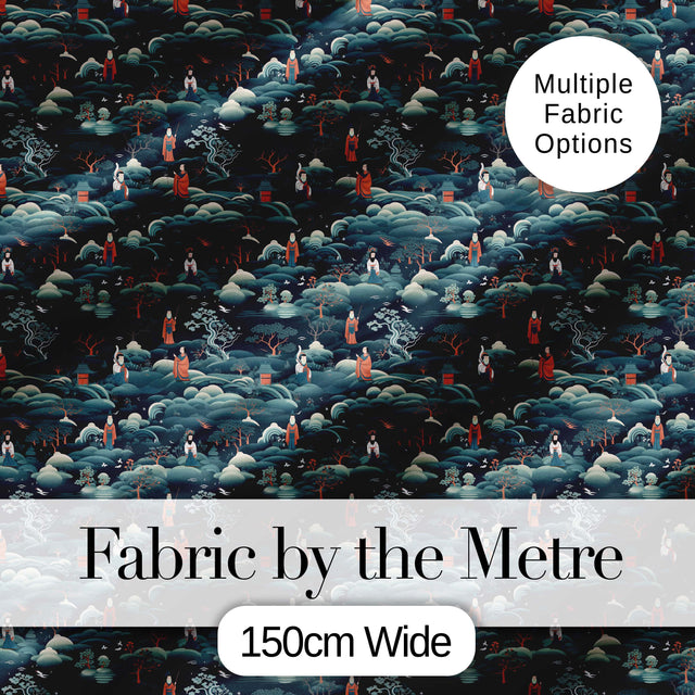 Japanese Landscape Scene with Figures and Trees Seamless Pattern Digital Print Fabric by the Metre UK Sewing Quilting Textile