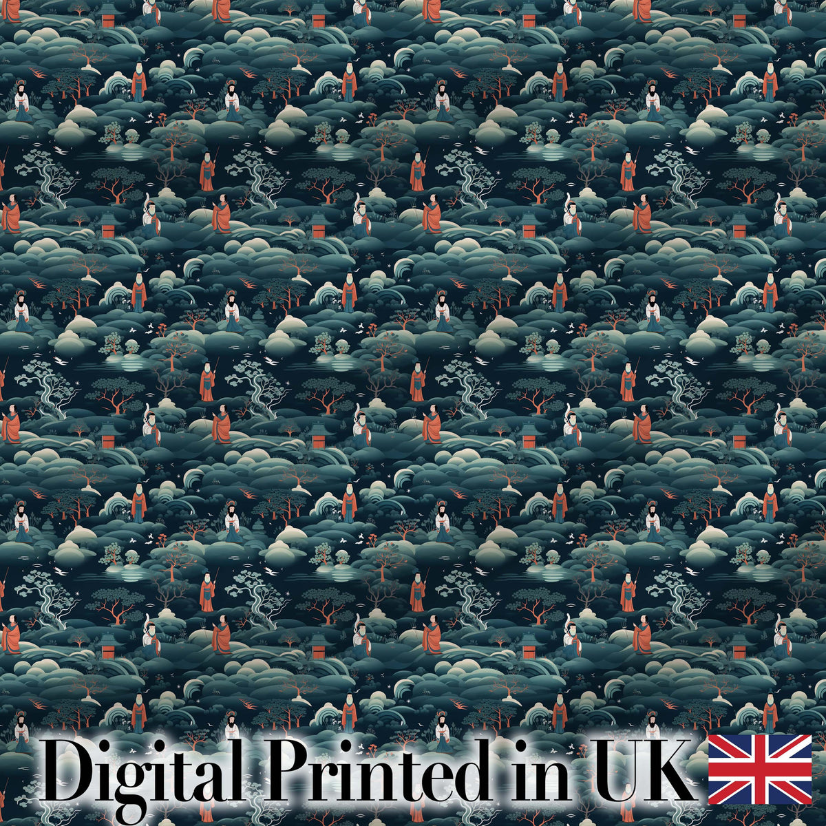 Japanese Landscape Scene with Figures and Trees Seamless Pattern Digital Print Fabric by the Metre UK Sewing Quilting Textile