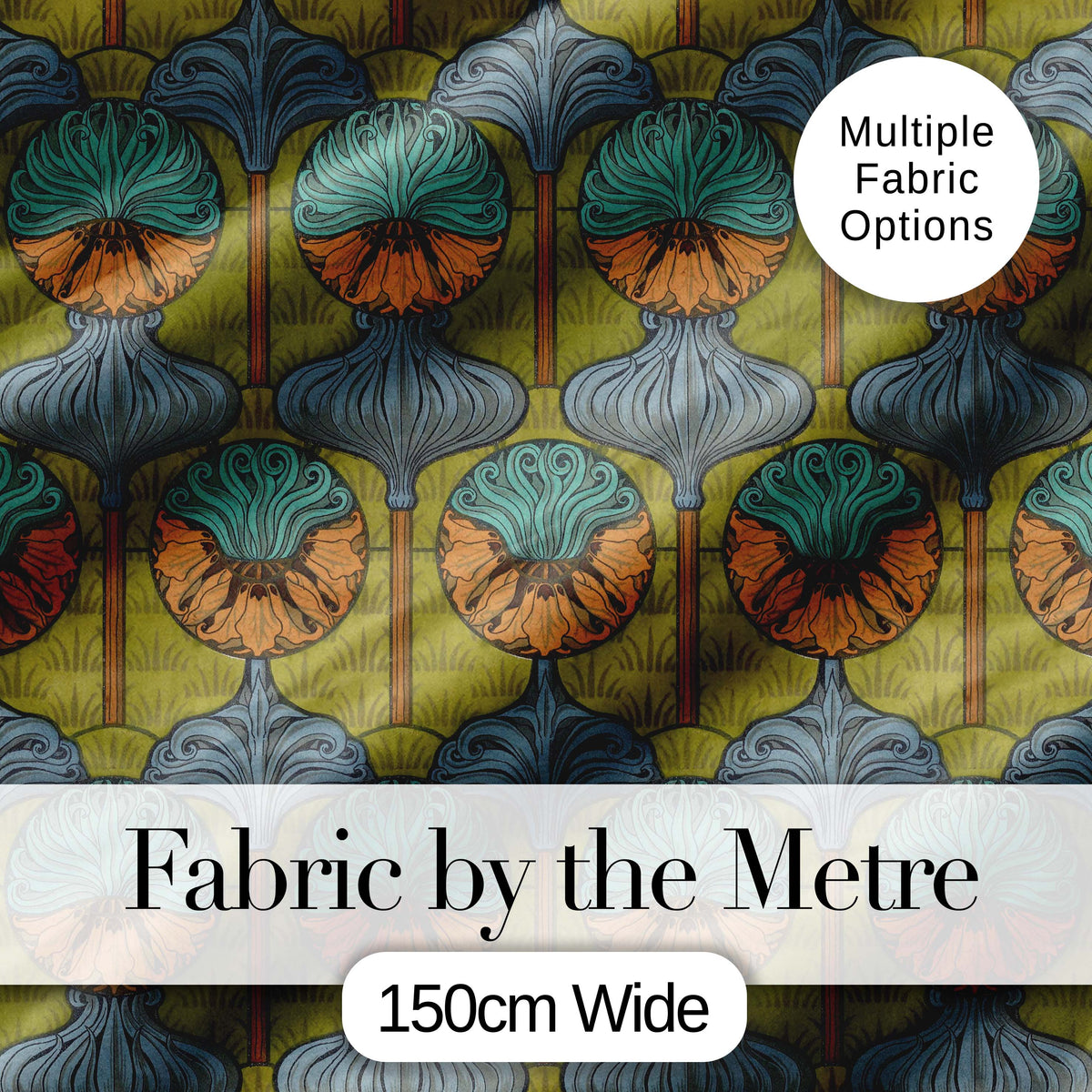 Art Nouveau Geometric Floral Motif Green Background Seamless Pattern Digital Print Fabric by the Metre UK Sewing Quilting Textile