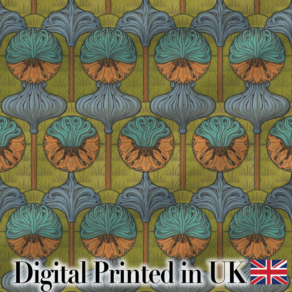 Art Nouveau Geometric Floral Motif Green Background Seamless Pattern Digital Print Fabric by the Metre UK Sewing Quilting Textile